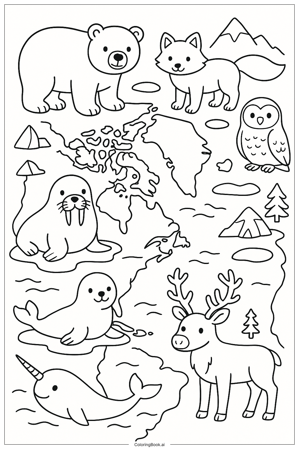  北極の動物がすべて描かれた詳細な地図の塗り絵ページ 