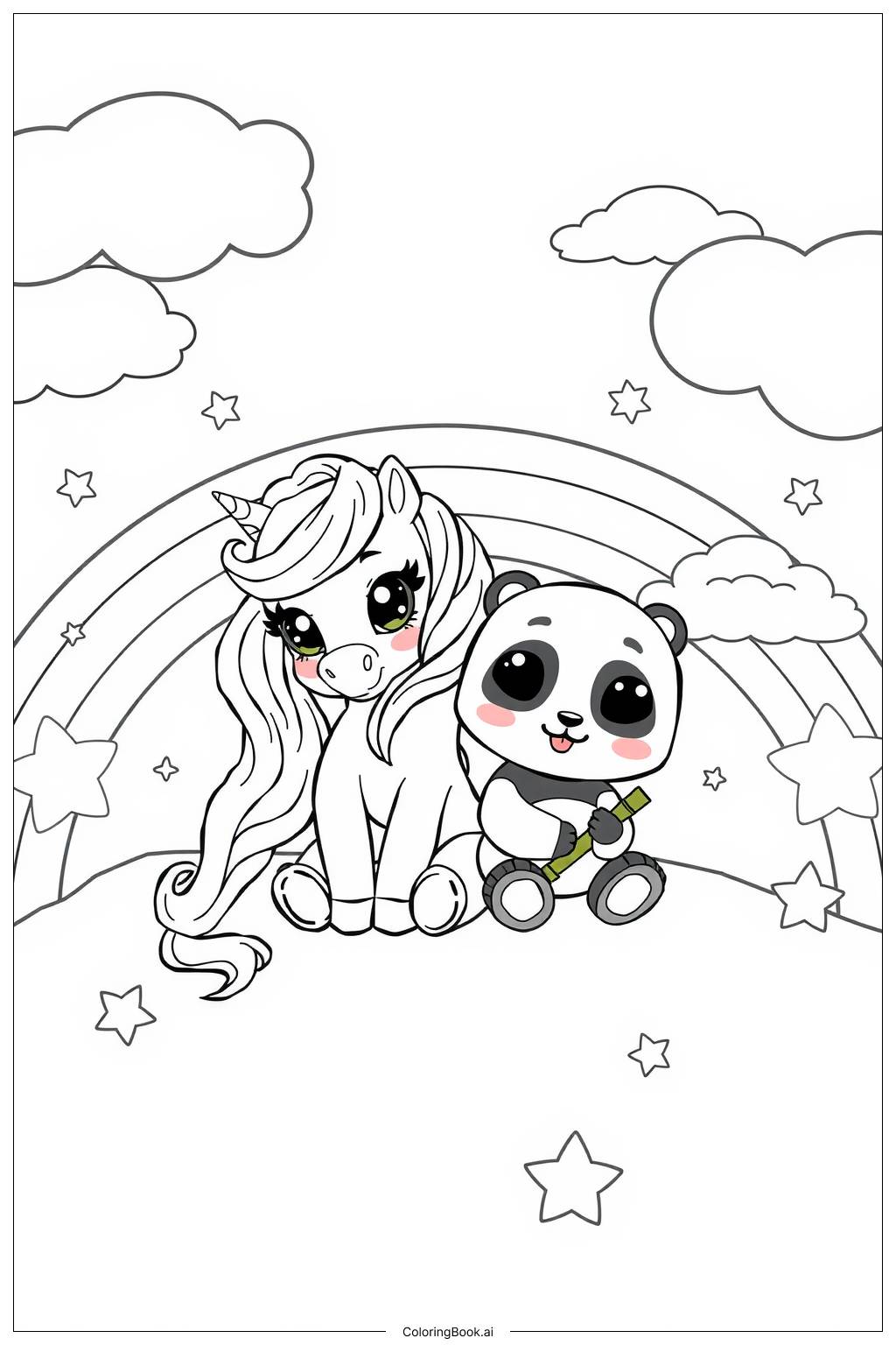  Page de coloriage unicorn et un panda assis sur un arc-en-ciel 