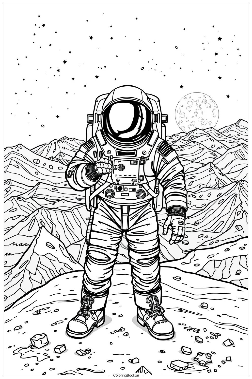  Weltraum-Astronaut auf dem Mond Ausmalseite 