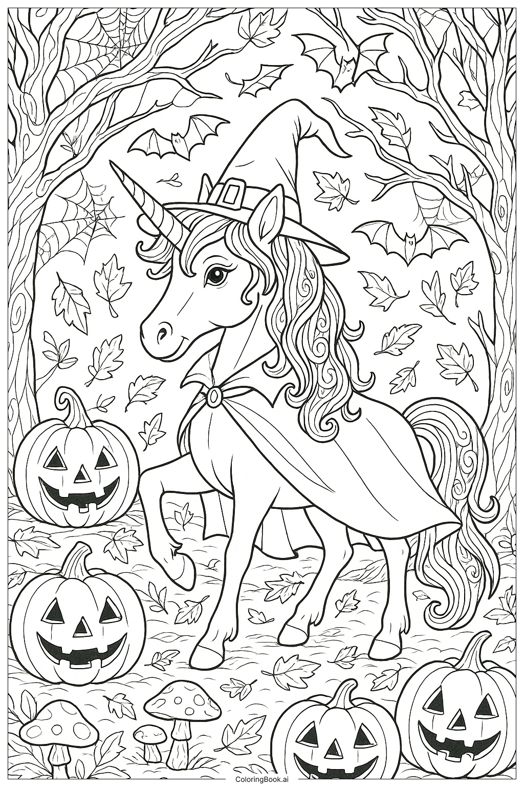  神秘的な森のユニコーンハロウィンの塗り絵ページ 