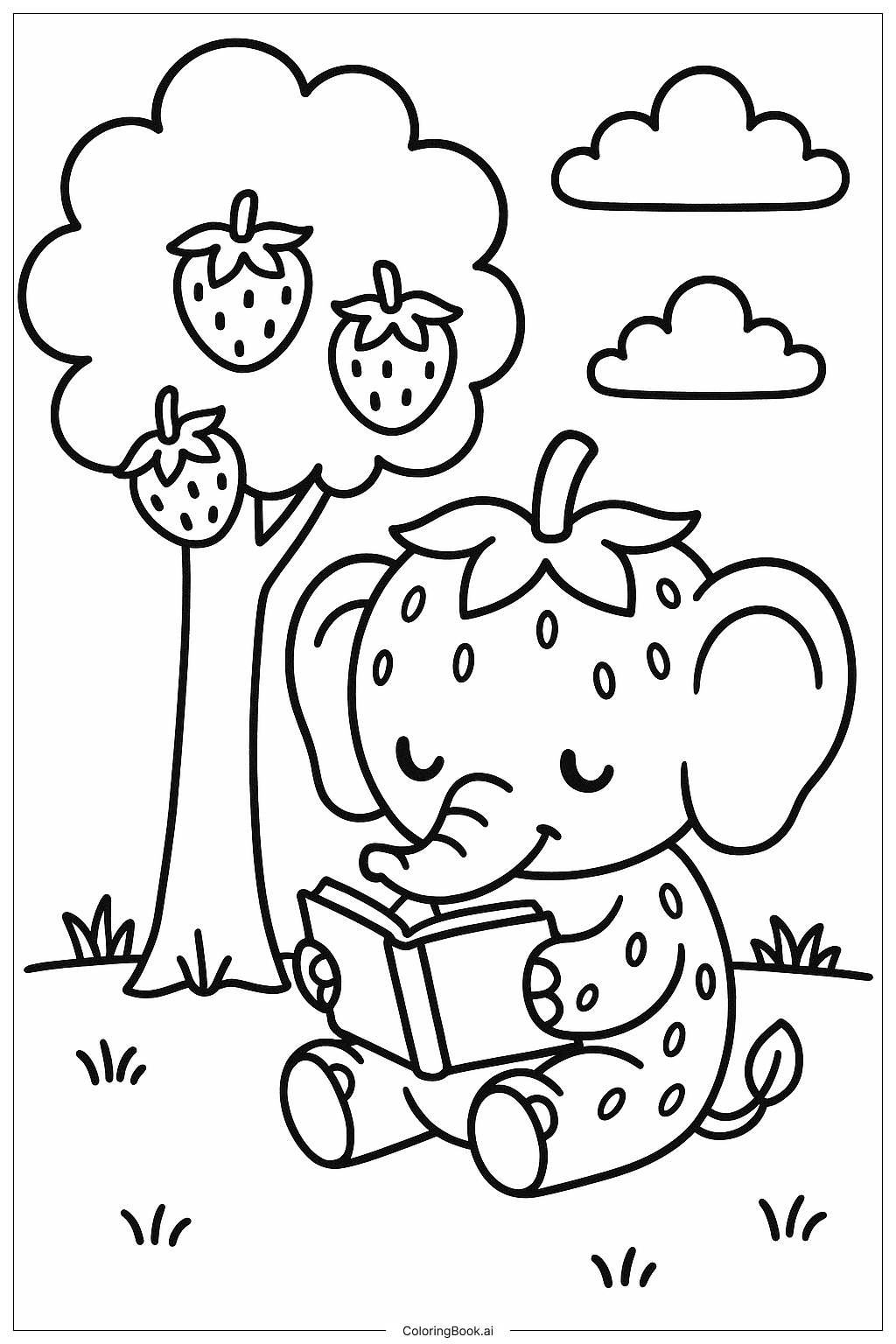  草莓大象在树下读书填色页 