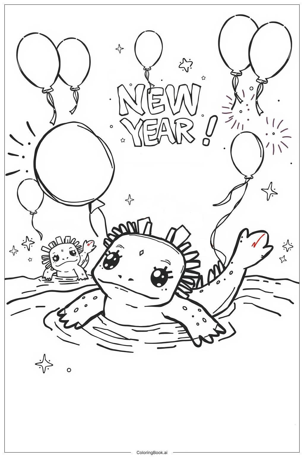  Page de coloriage Minecraft Axolotl nageant dans une célébration du Nouvel An-2 