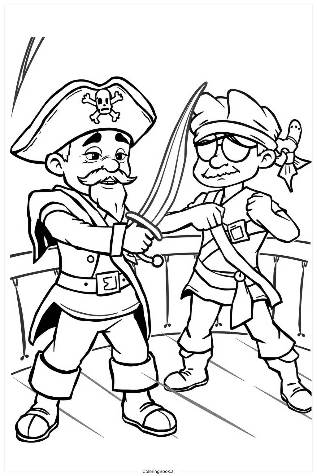  Pirate Sword Fight on Ship Deck Coloring Page 