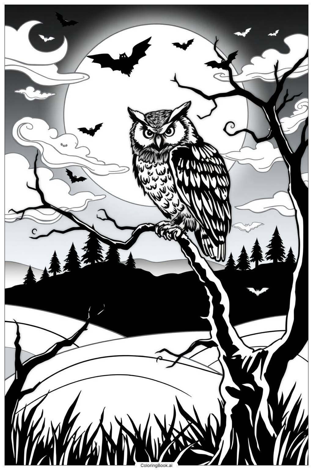  Halloween Owl Scene Coloring Page 