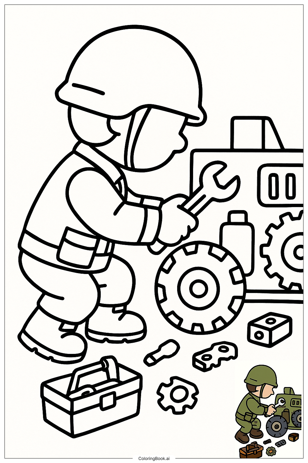  Page de coloriage Ingénieur de l'armée réparant du matériel 