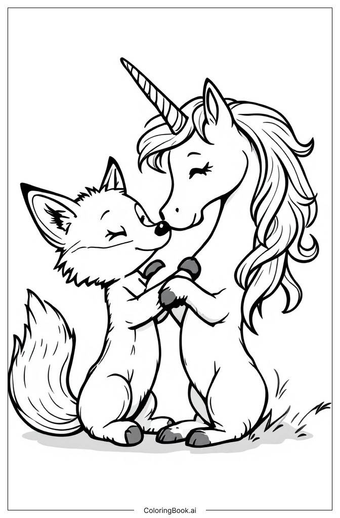  Page de coloriage Renard Jouant avec Licorne 