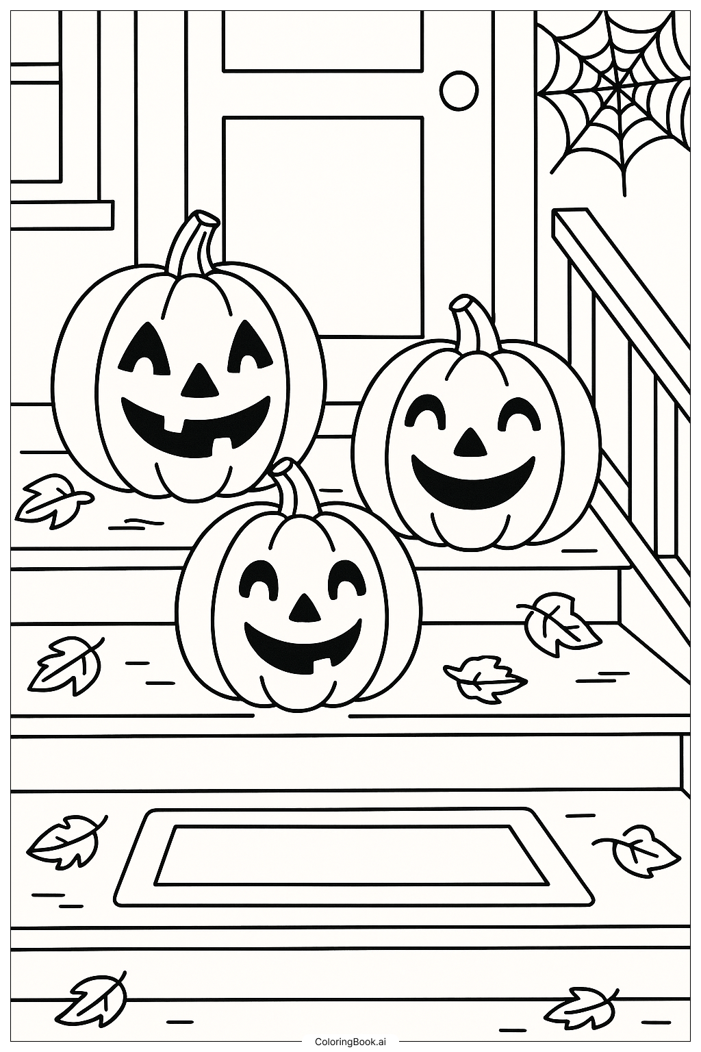  Drei Jack-O-Laternen auf einer Veranda für Halloween 2025 Ausmalseite 