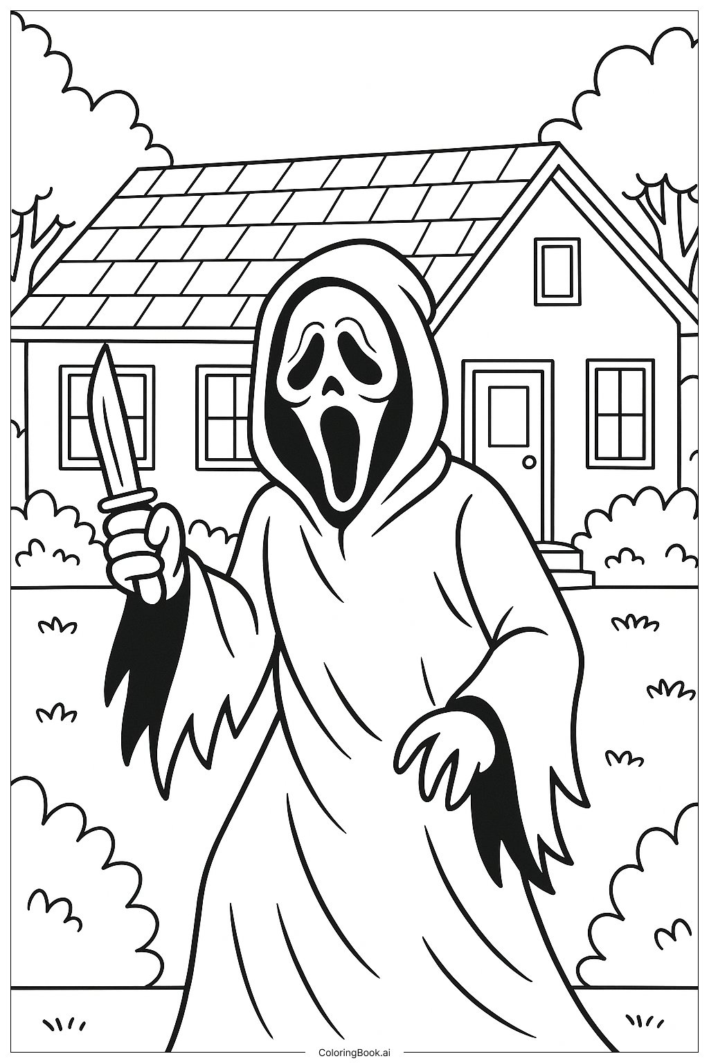 Página para colorear de Ghostface Acechando una Casa en un Barrio Residencial 