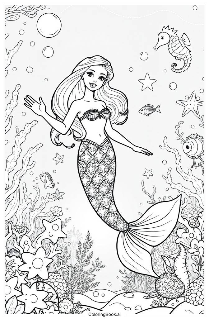  barbie mermaid swimming in the ocean Coloring Page 