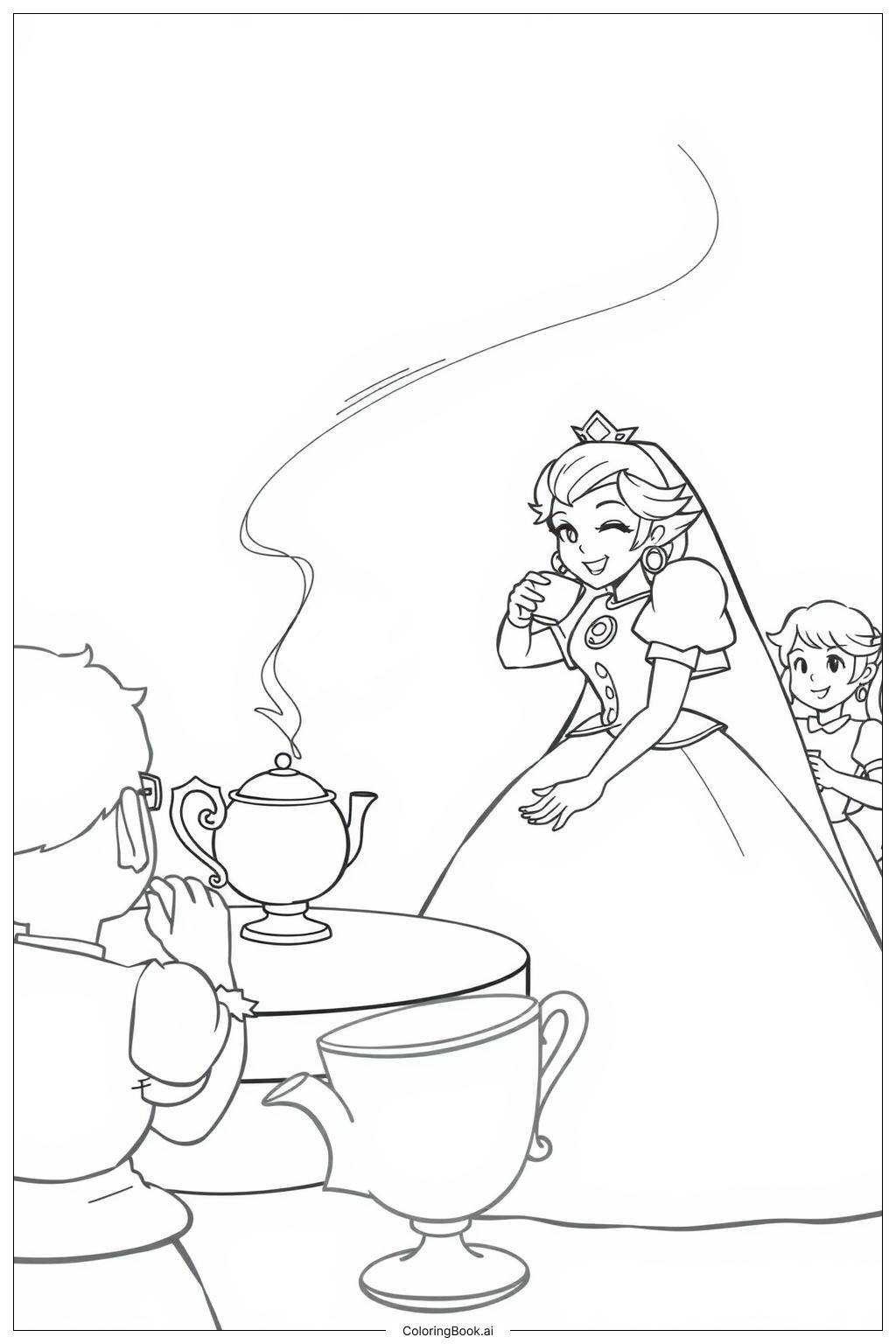  Page de coloriage La princesse Peach ayant un goûter avec ses amis 