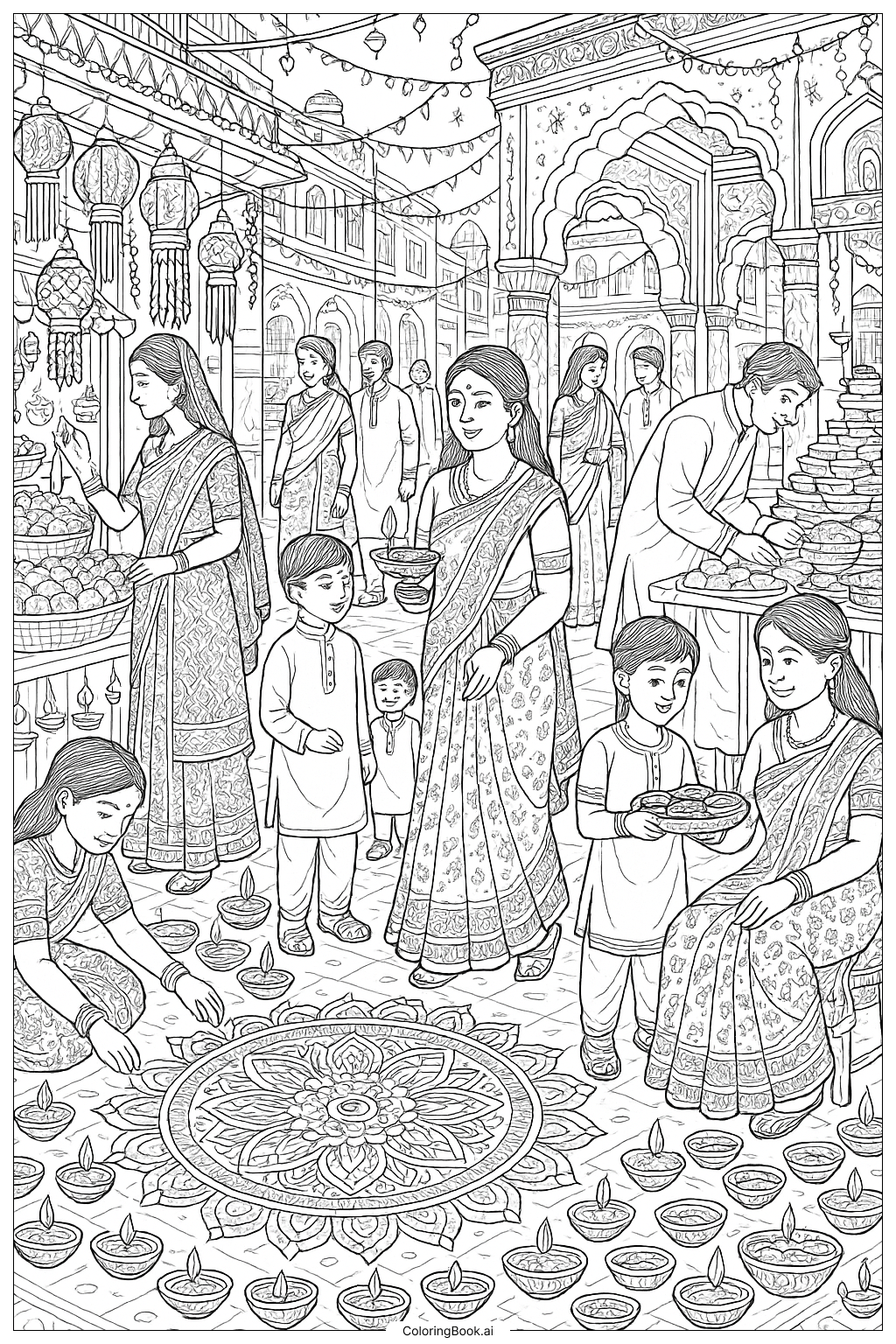Bustling Diwali Market Scene Ausmalseite