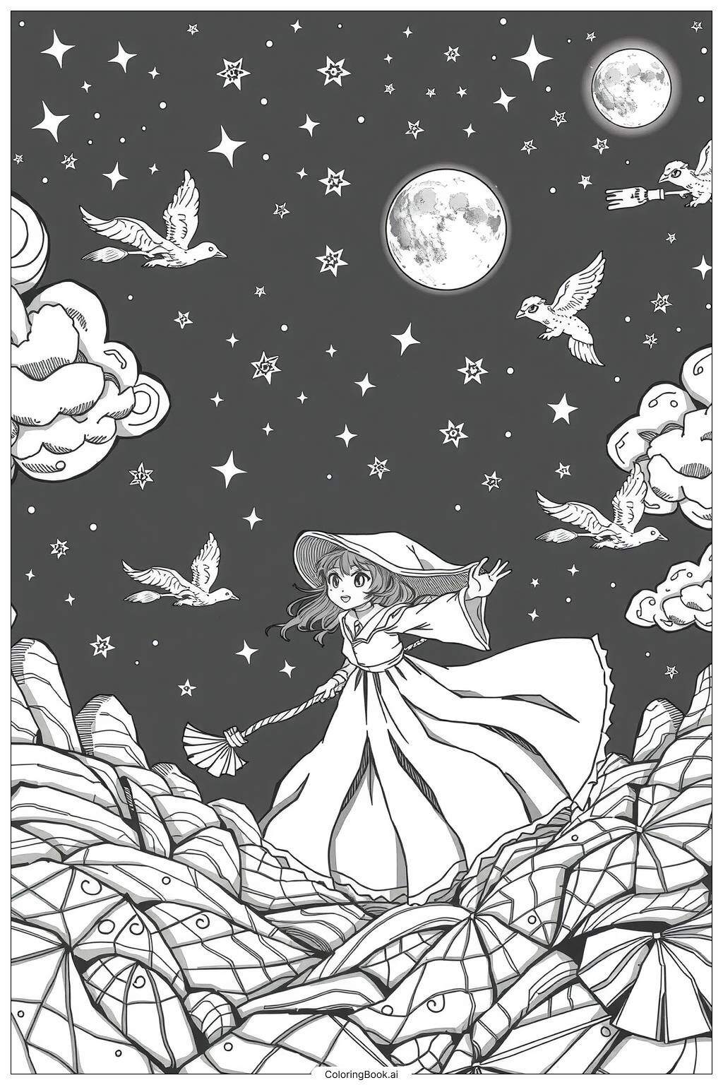  Page de coloriage sorcière volant sur un balai 