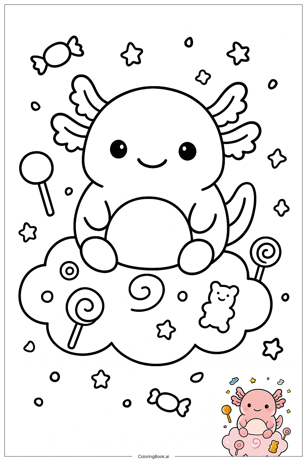  Página para colorear de Squishmallow Axolotl Sentado En Nube De Dulces 