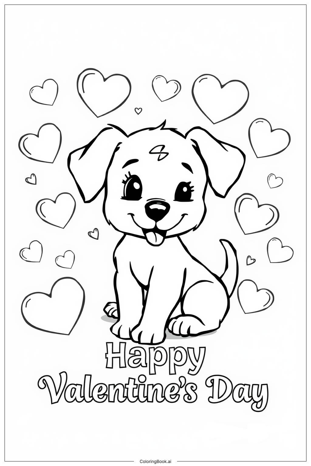  Page de coloriage Chiens mignons pour la Saint-Valentin 'Joyeuse Saint-Valentin' 