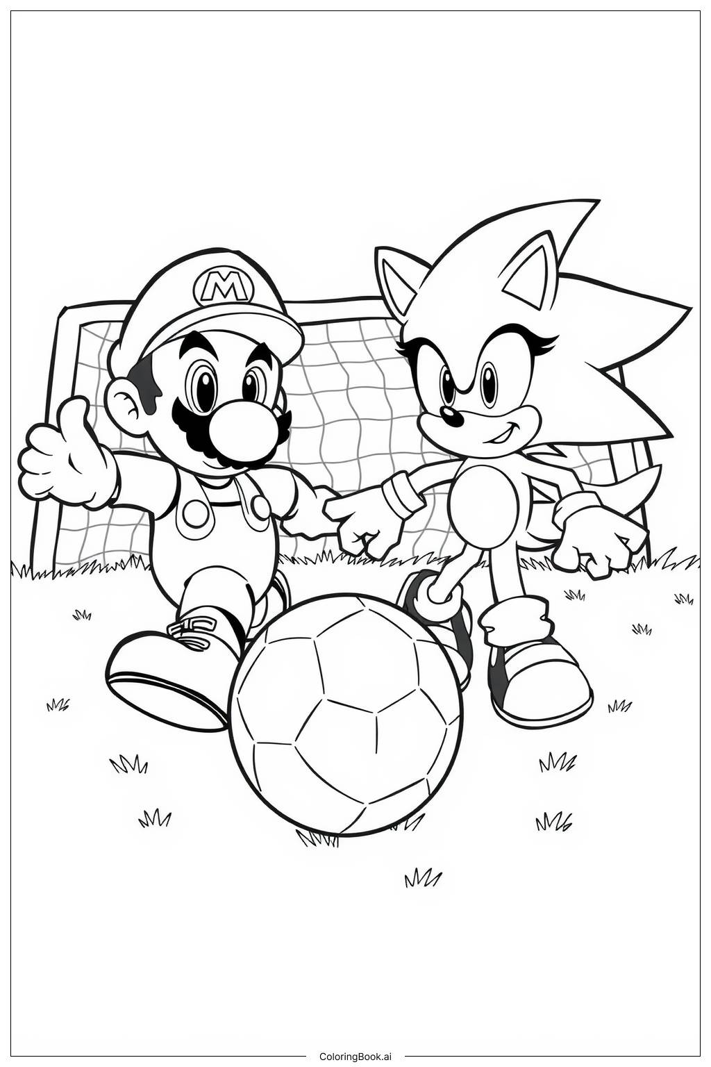  Page de coloriage Mario et Sonic en compétition dans un match de football 