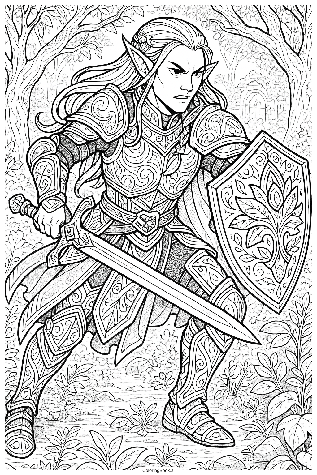  Página para colorir de Um Guerreiro Elfo Detalhado com Armadura 
