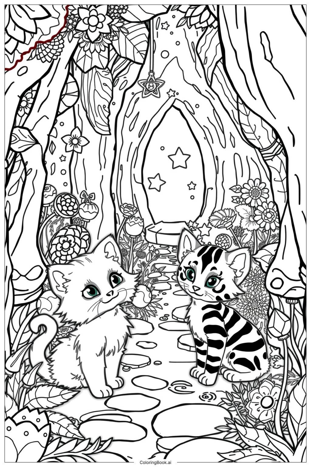  Kittens discovering a magical world-2 Coloring Page 