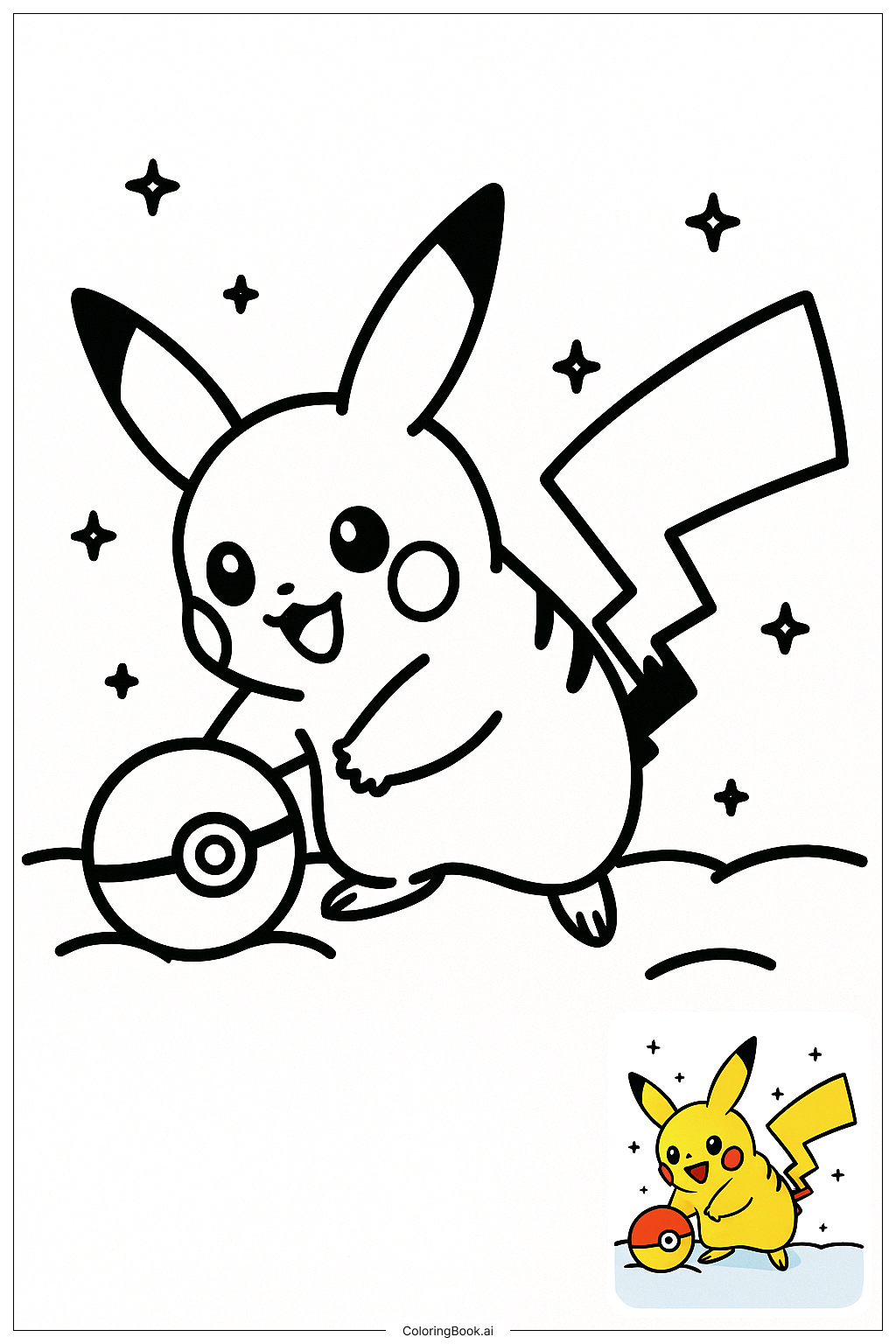  Pikachu Playing With Pokeball In Snow Coloring Page 