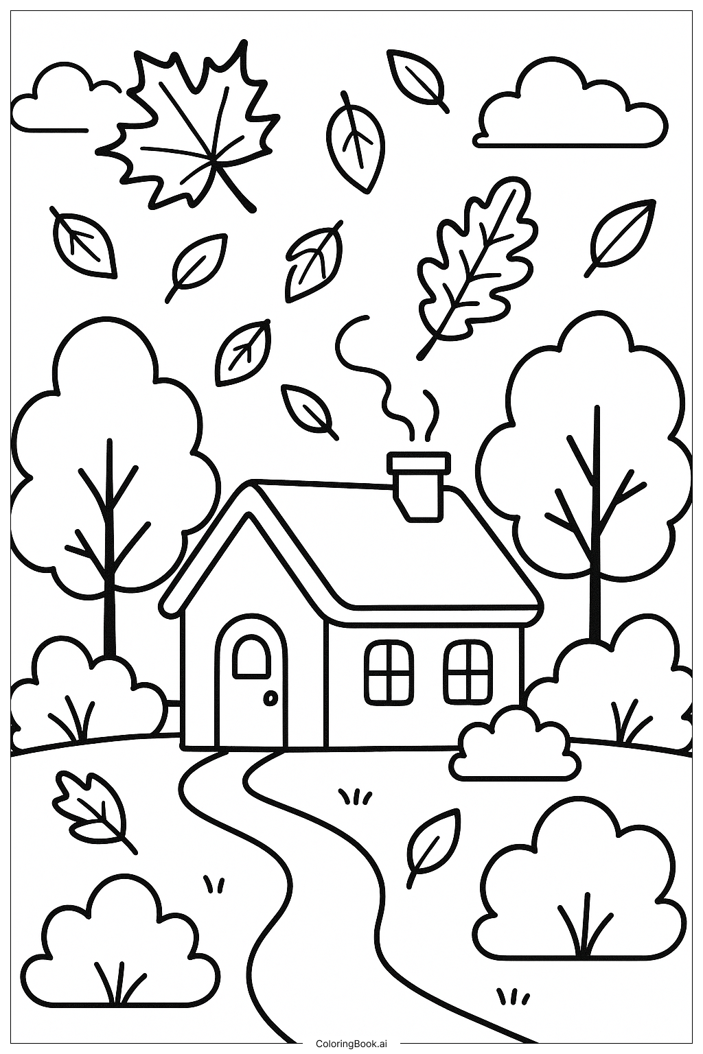  Page de coloriage Une scène d'automne cosy avec des feuilles qui tombent 