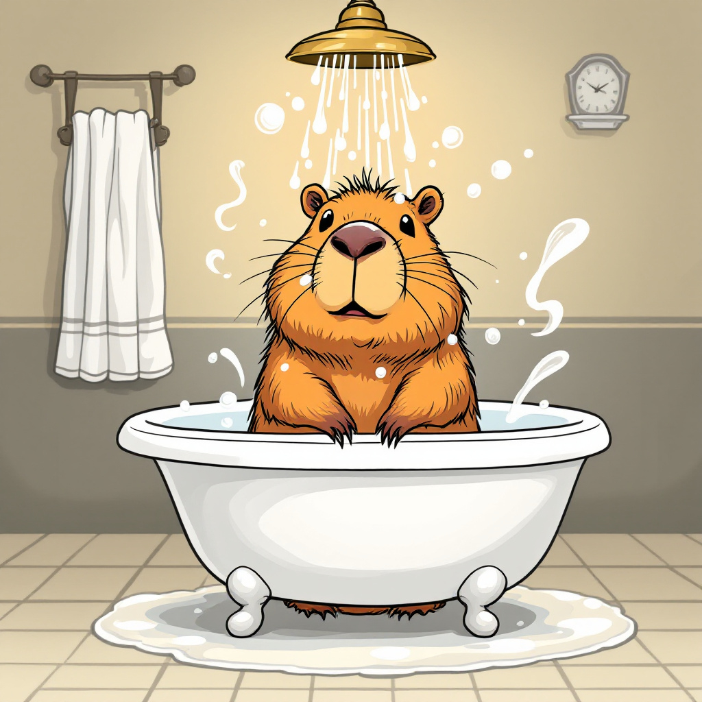 Aventura Divertida de Banho de uma Capivara em uma Cena de Banheiro Aconchegante