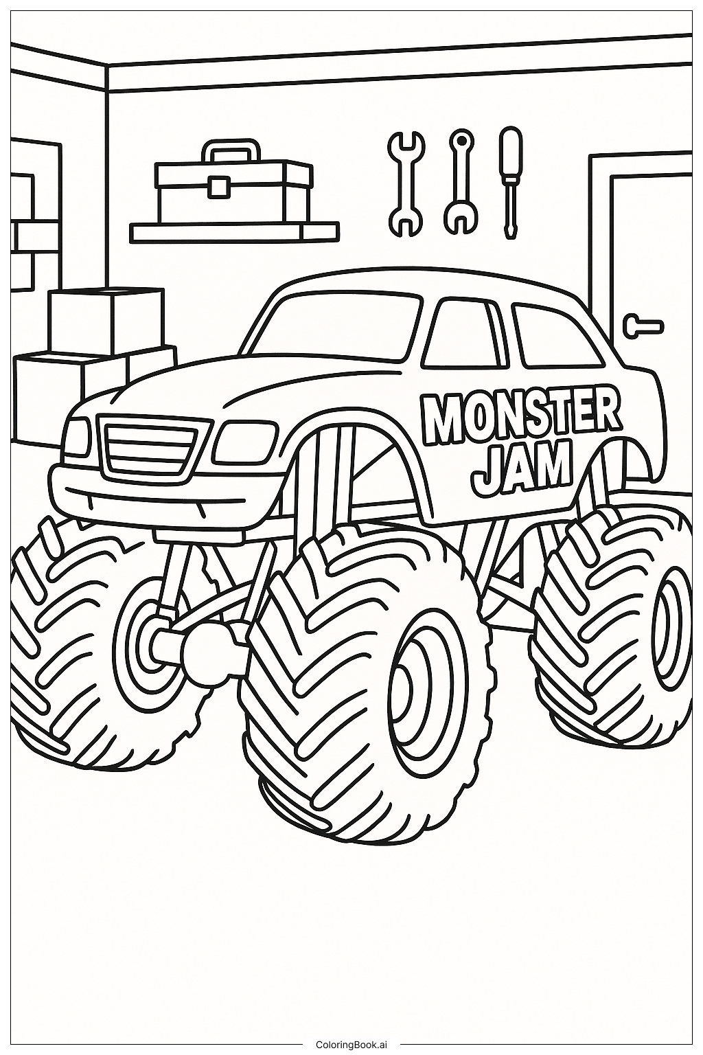  ガレージのモンスタージャムトラックの塗り絵ページ 