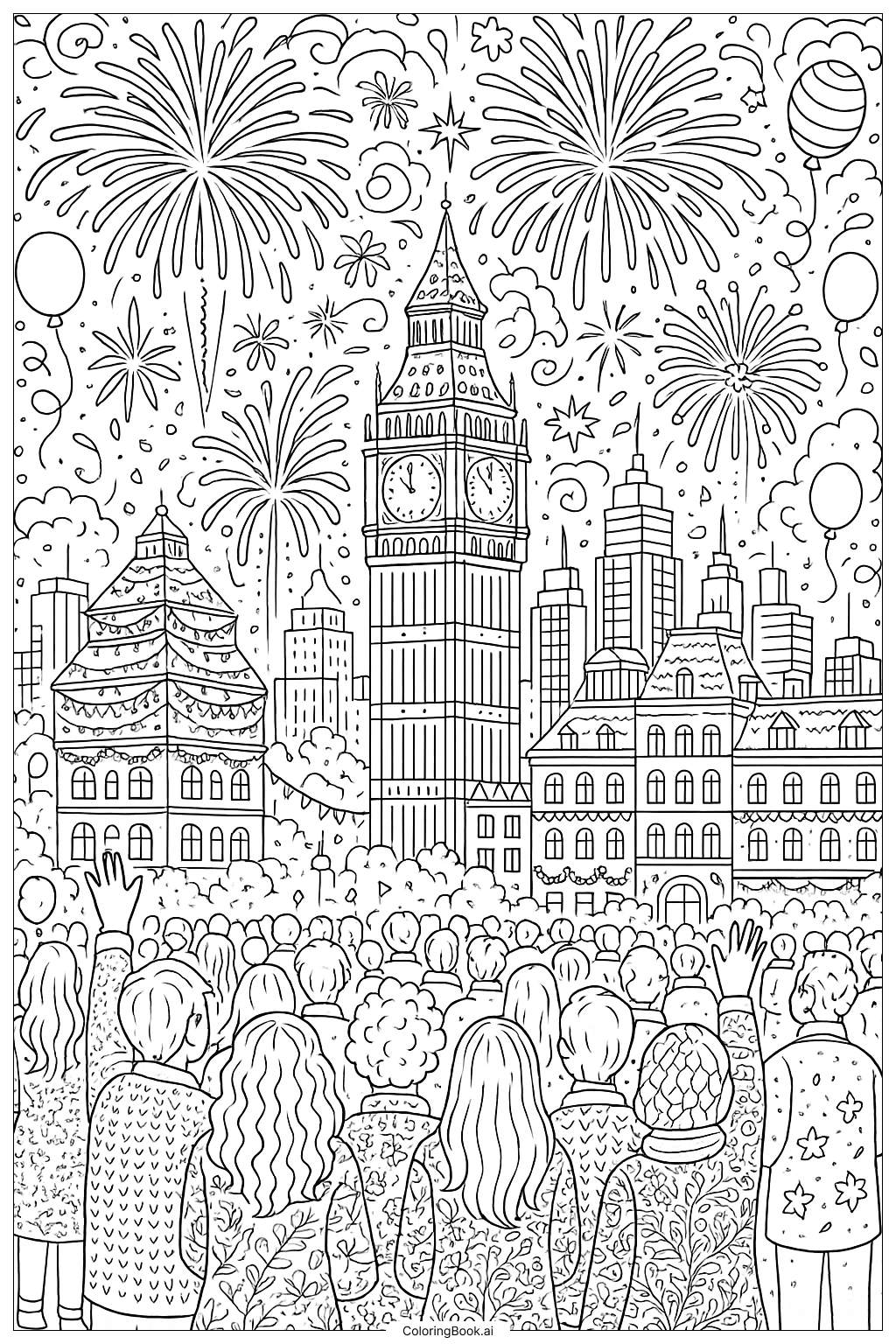 Elaborate New Year's Eve Firework Celebration Coloring Page