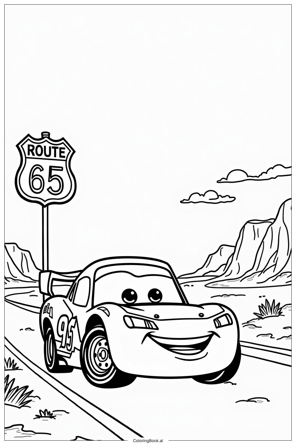  Página para colorear de Rayo McQueen Observando un Atardecer en la Ruta 66 