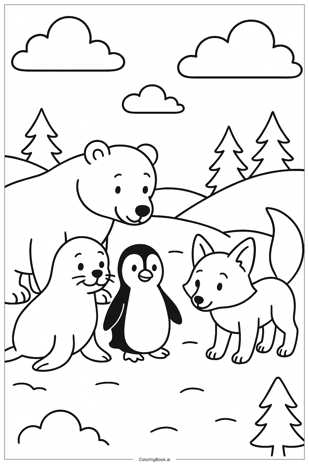 北極動物發現一隻友善的企鵝著色頁