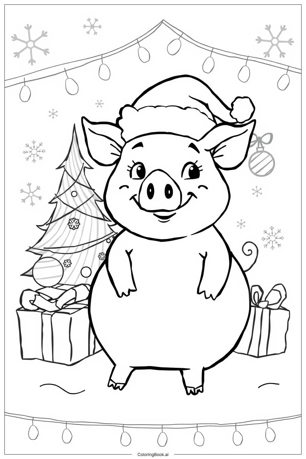  Page de coloriage Cochon de Noël avec décorations de fête 