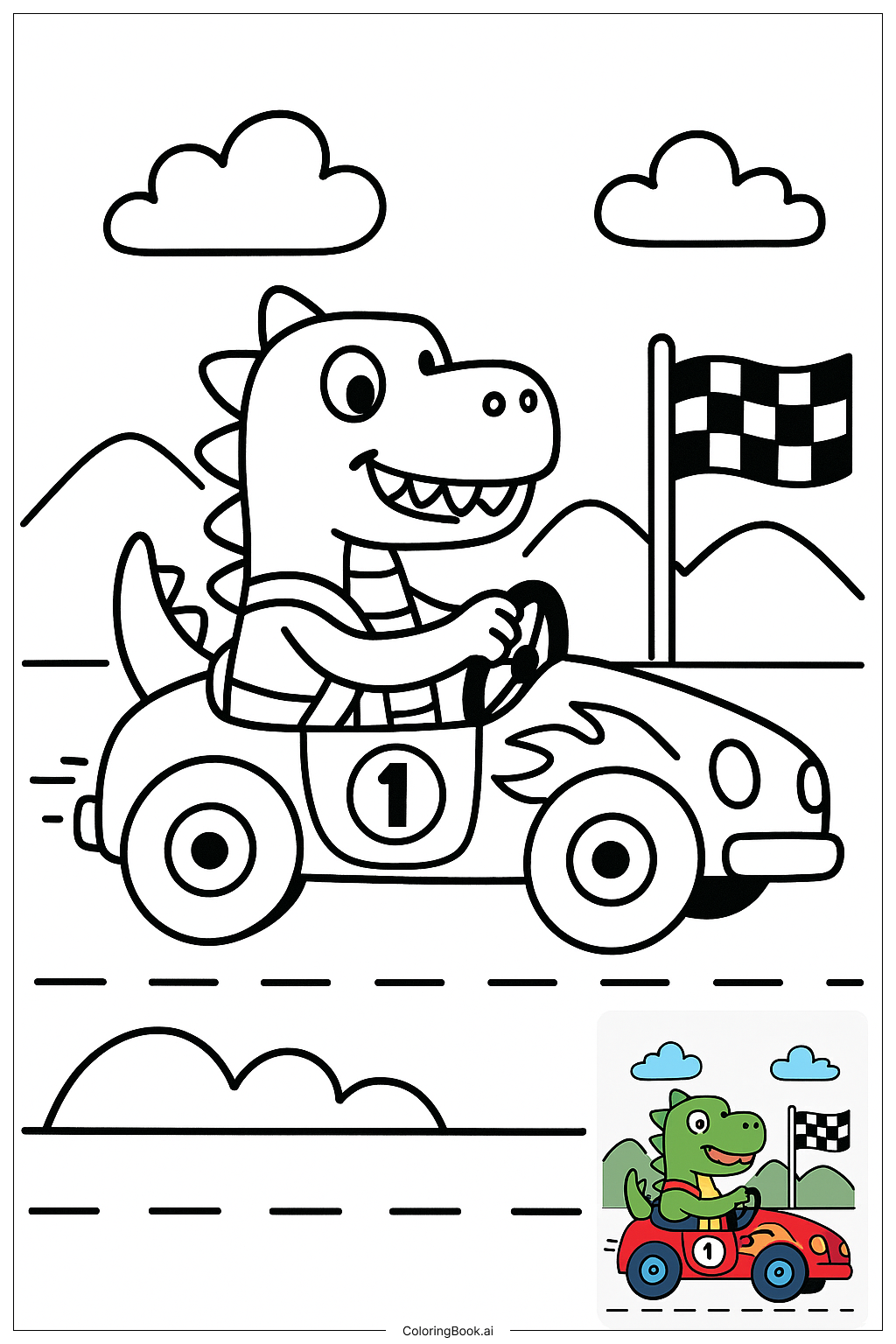  Page de coloriage Dino conduisant une voiture de course 