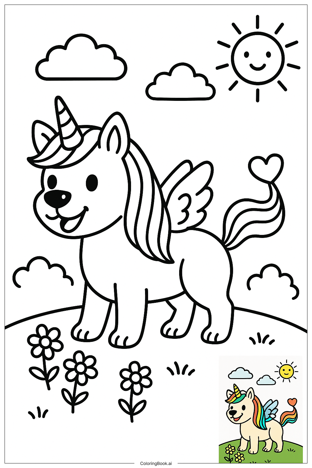  虹色のたてがみを持つユニコーンの犬の塗り絵ページ 