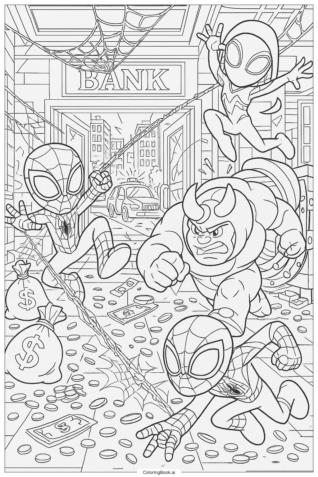  Página para colorear de Spidey y sus amigos increíbles detienen el atraco bancario de Rhino 