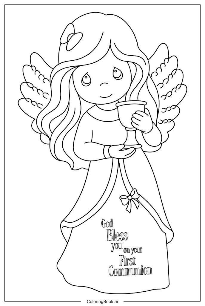  Página para colorear de Ángel de Precious Moments sostiene cáliz de la Primera Comunión 