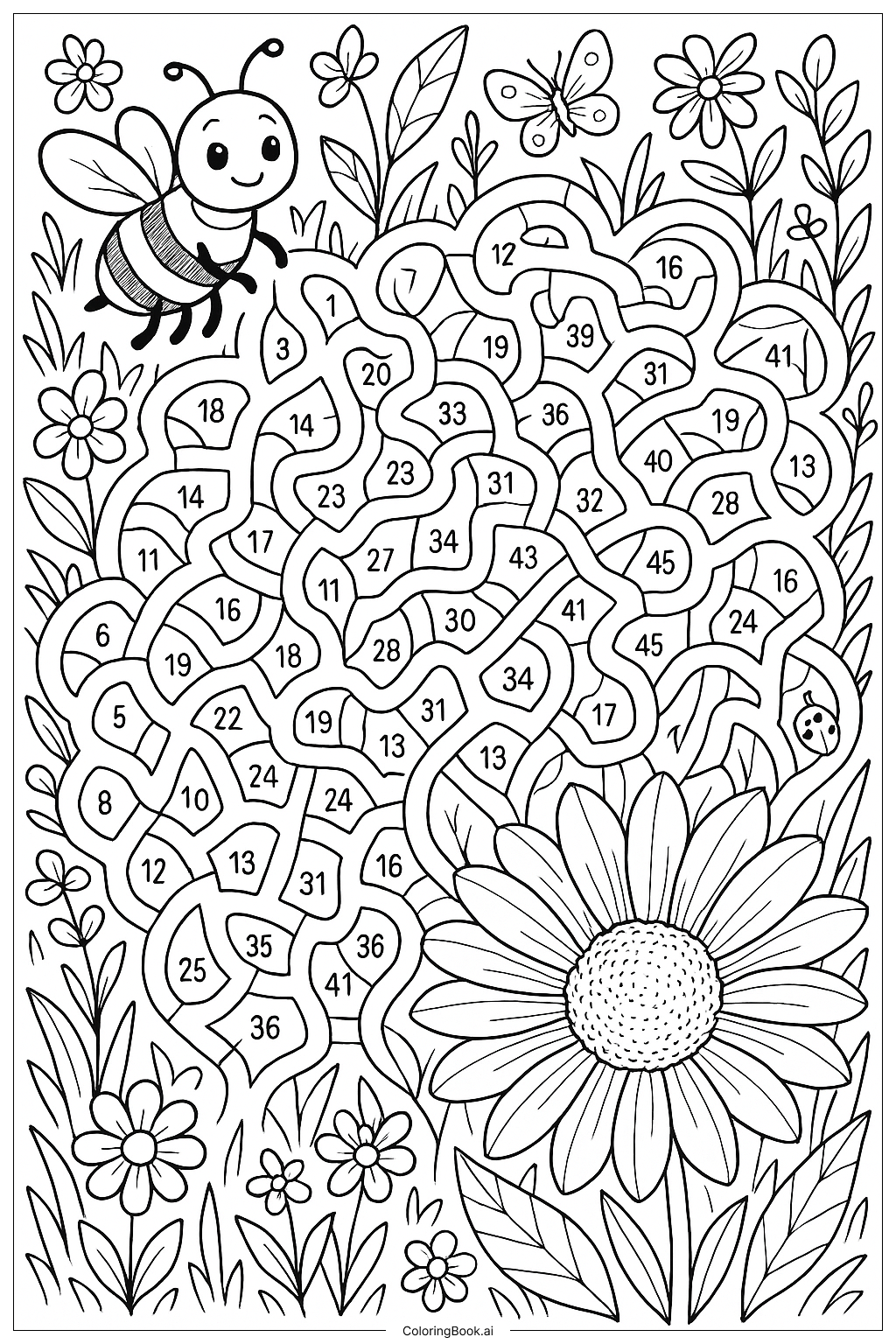  帮助蜜蜂找到花朵数字迷宫填色页 