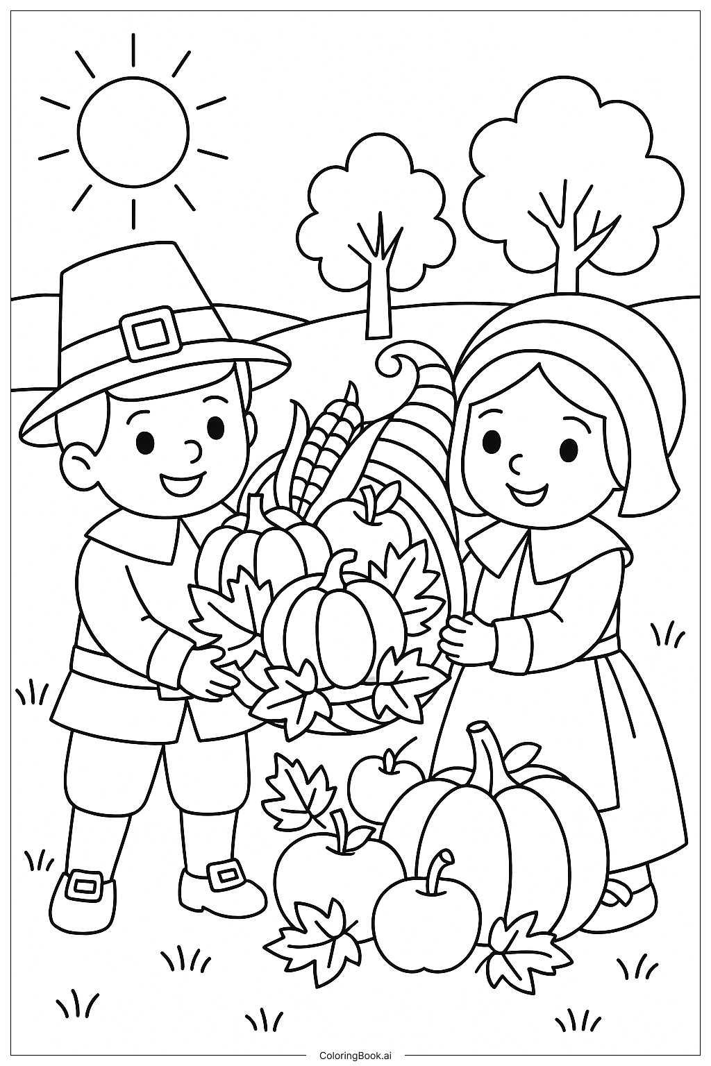  Trang tô màu Pilgrim Children With A Cornucopia 