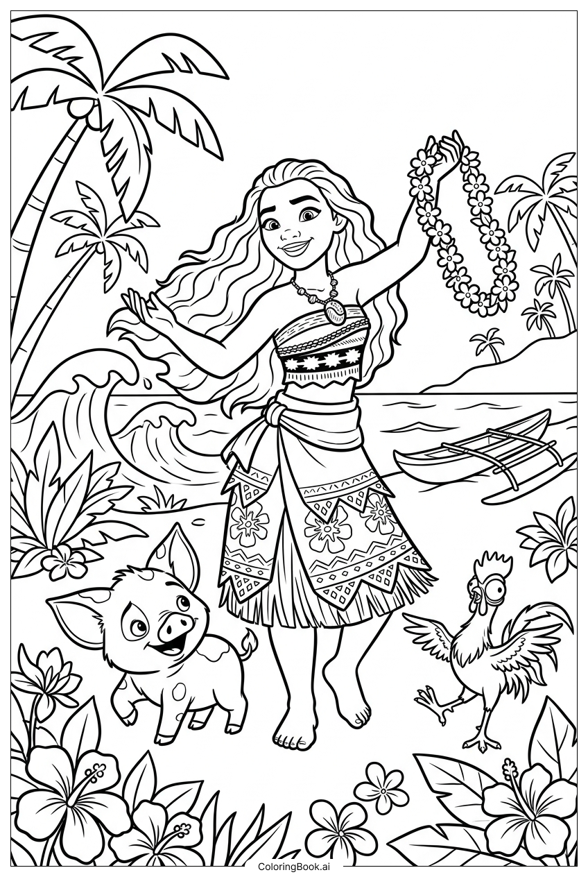  Moana Dancing With Flower Lei And Friends Coloring Page 