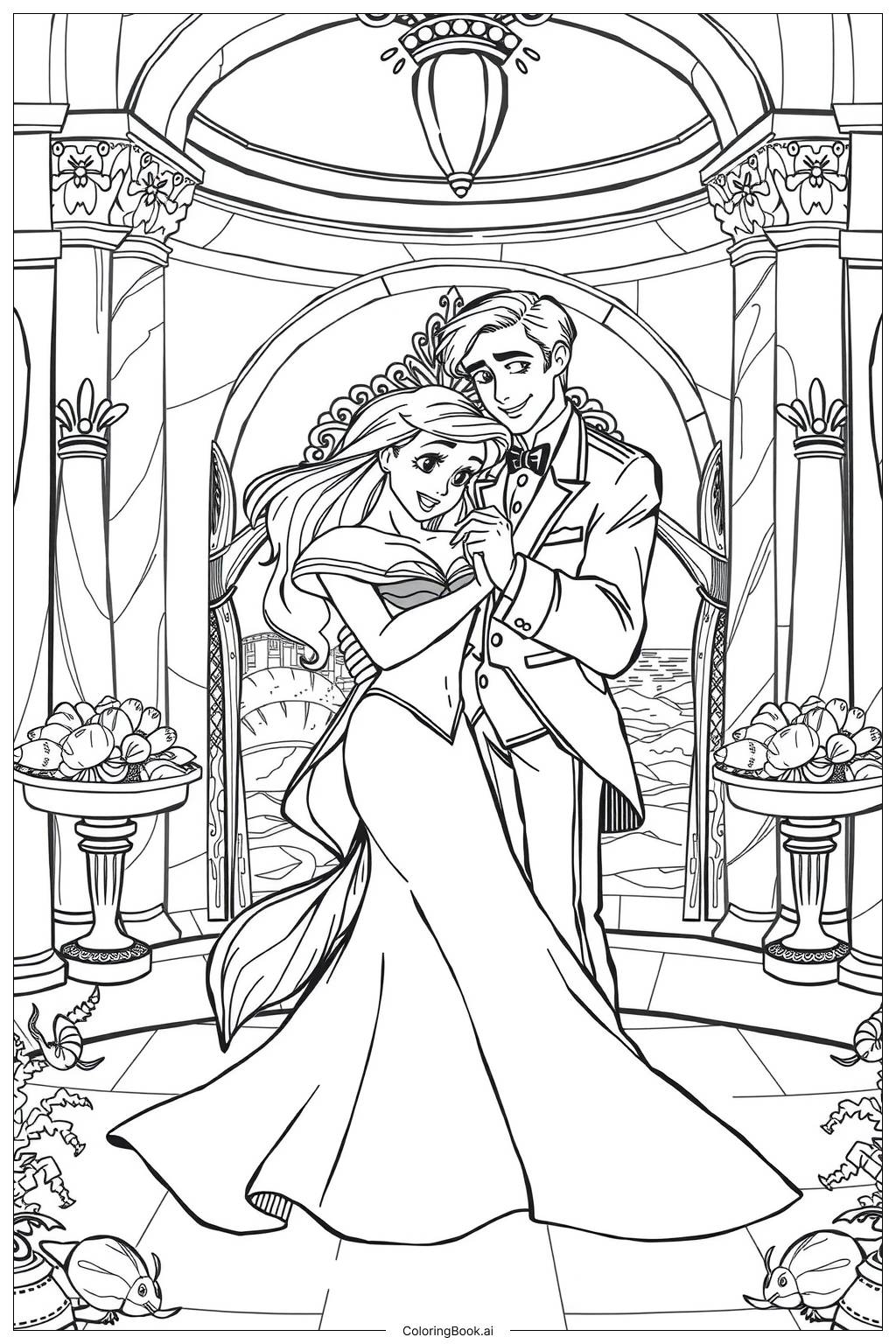  Page de coloriage Ariel et Mélodie jouant avec des créatures marines, Ariel et Eric dans une scène de mariage royal - 2 