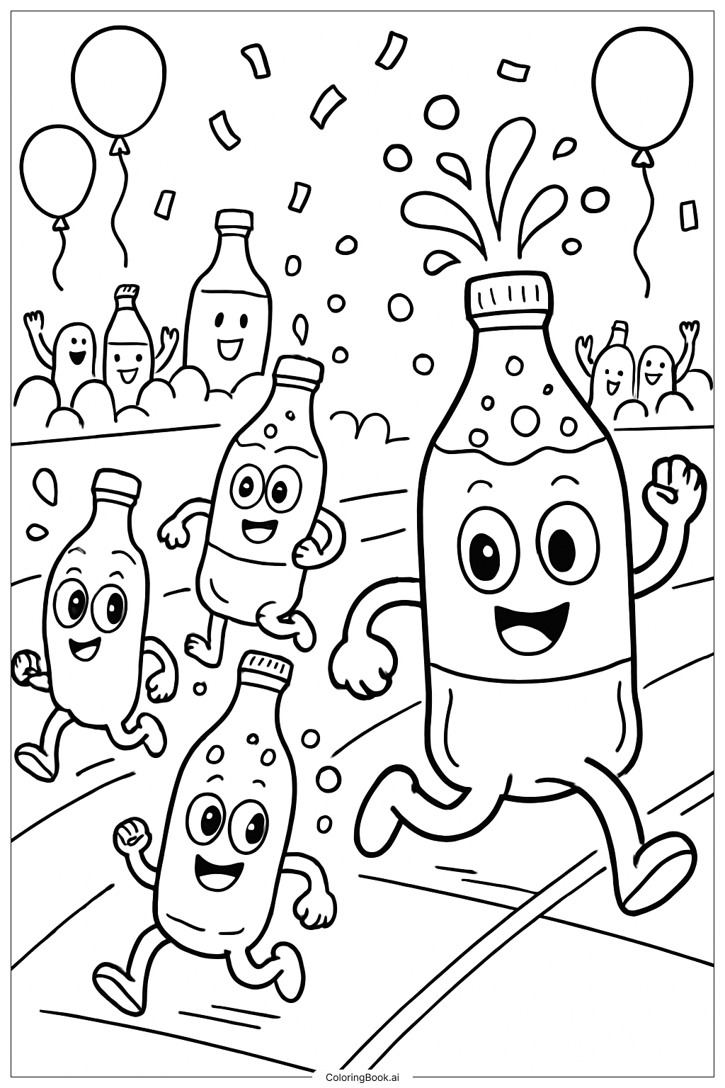 Página para colorear de La Gran Carrera de Botellas de Refresco