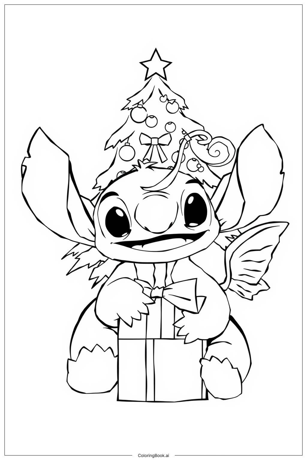  Página para colorear de Stitch y Angel en Navidad 