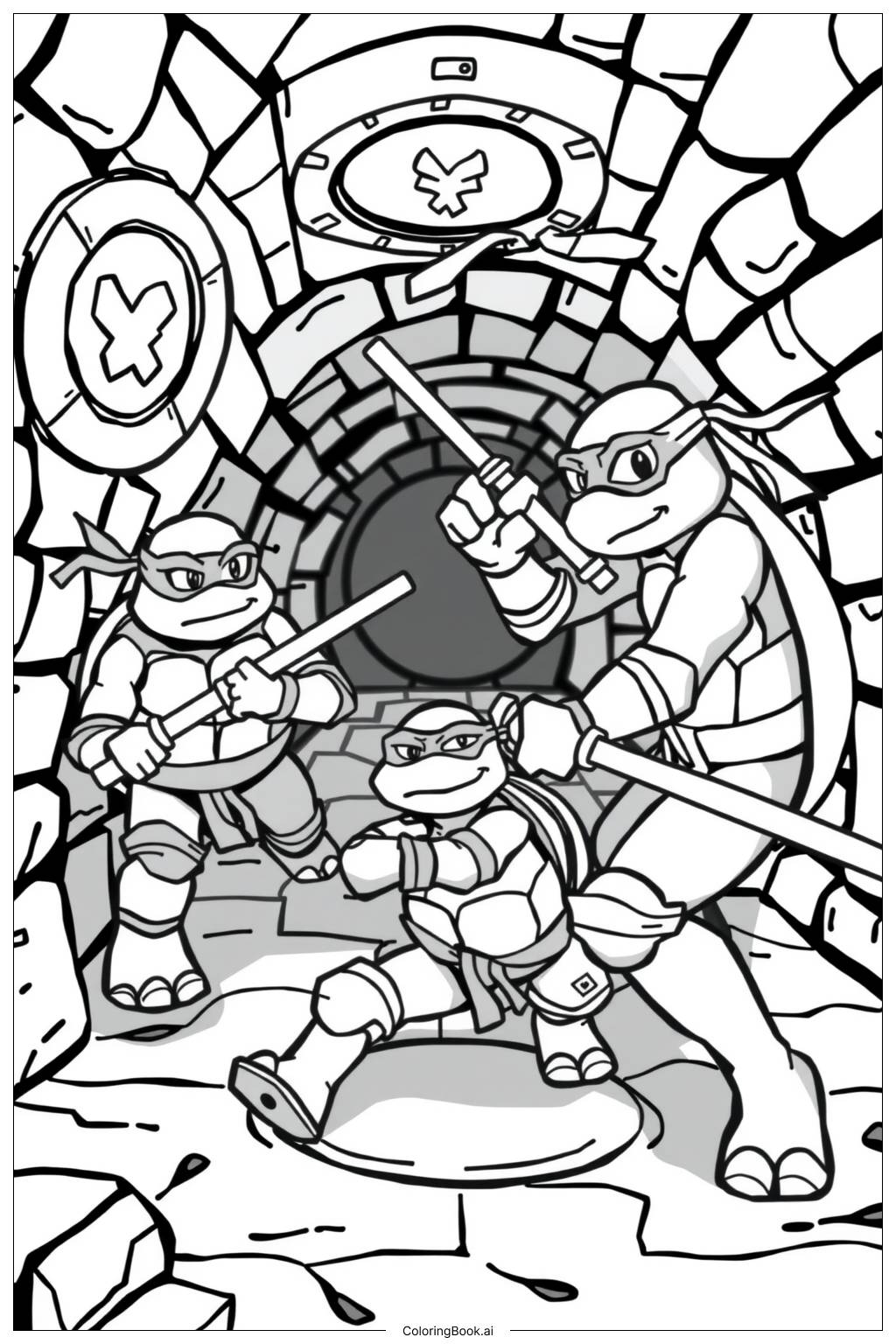  ninja turtles teaming up for adventure Coloring Page 