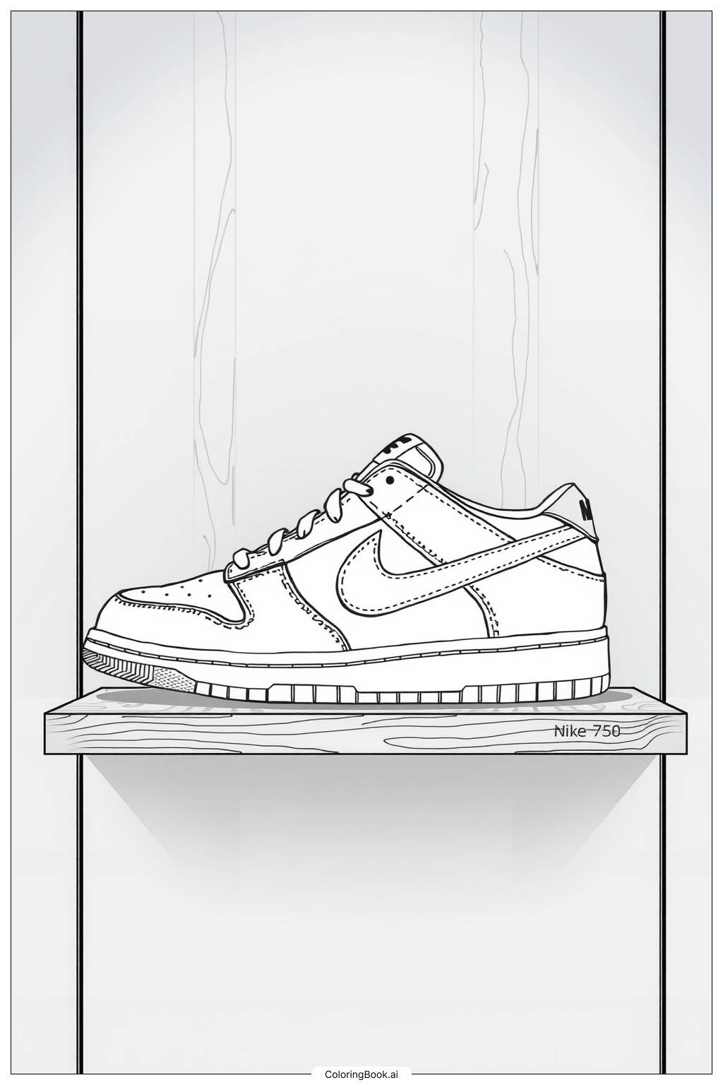  Página para colorir de tênis nike dunk em uma prateleira 