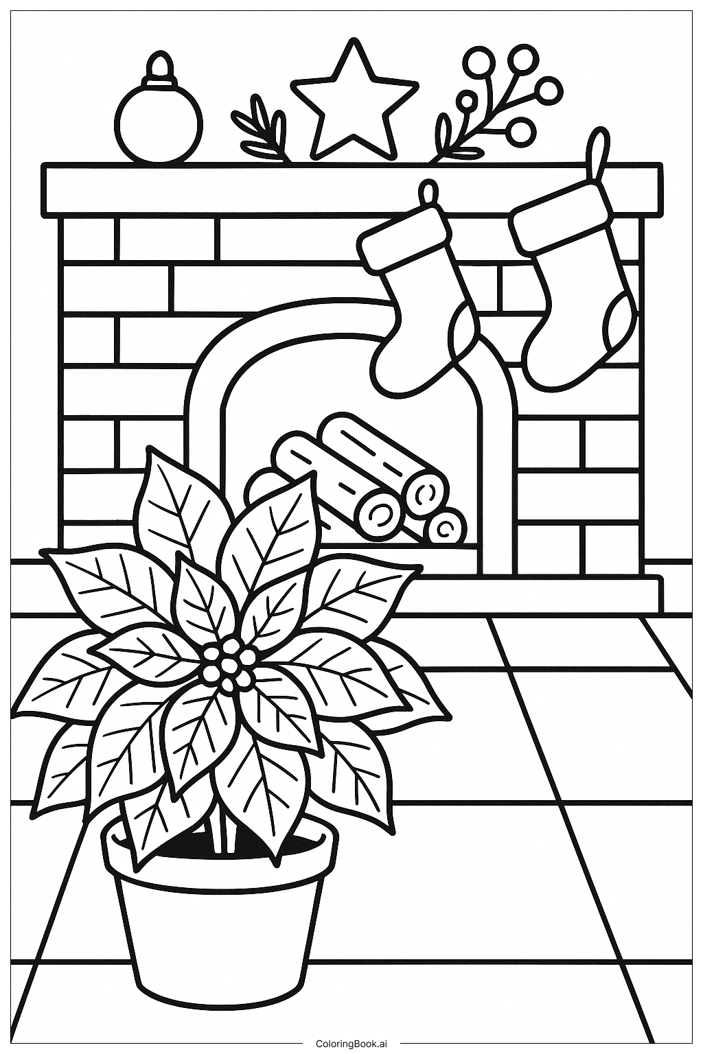 Poinsettia Near A Cozy Fireplace Coloring Page