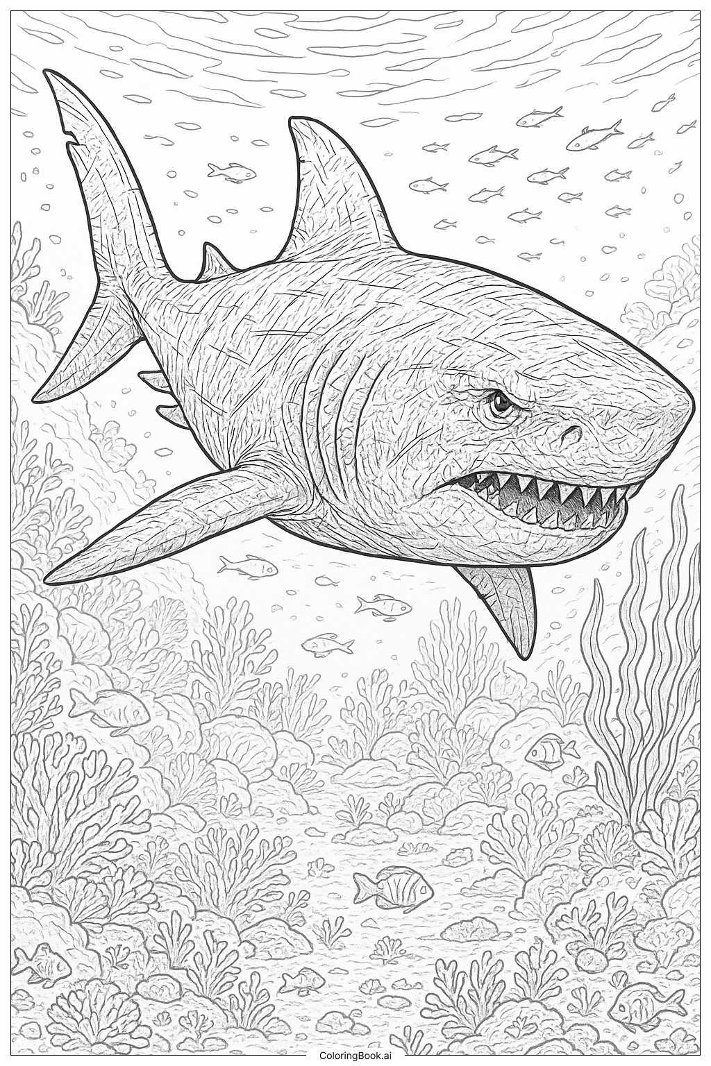  Megalodon mit detaillierter Haut und Narben Ausmalseite 