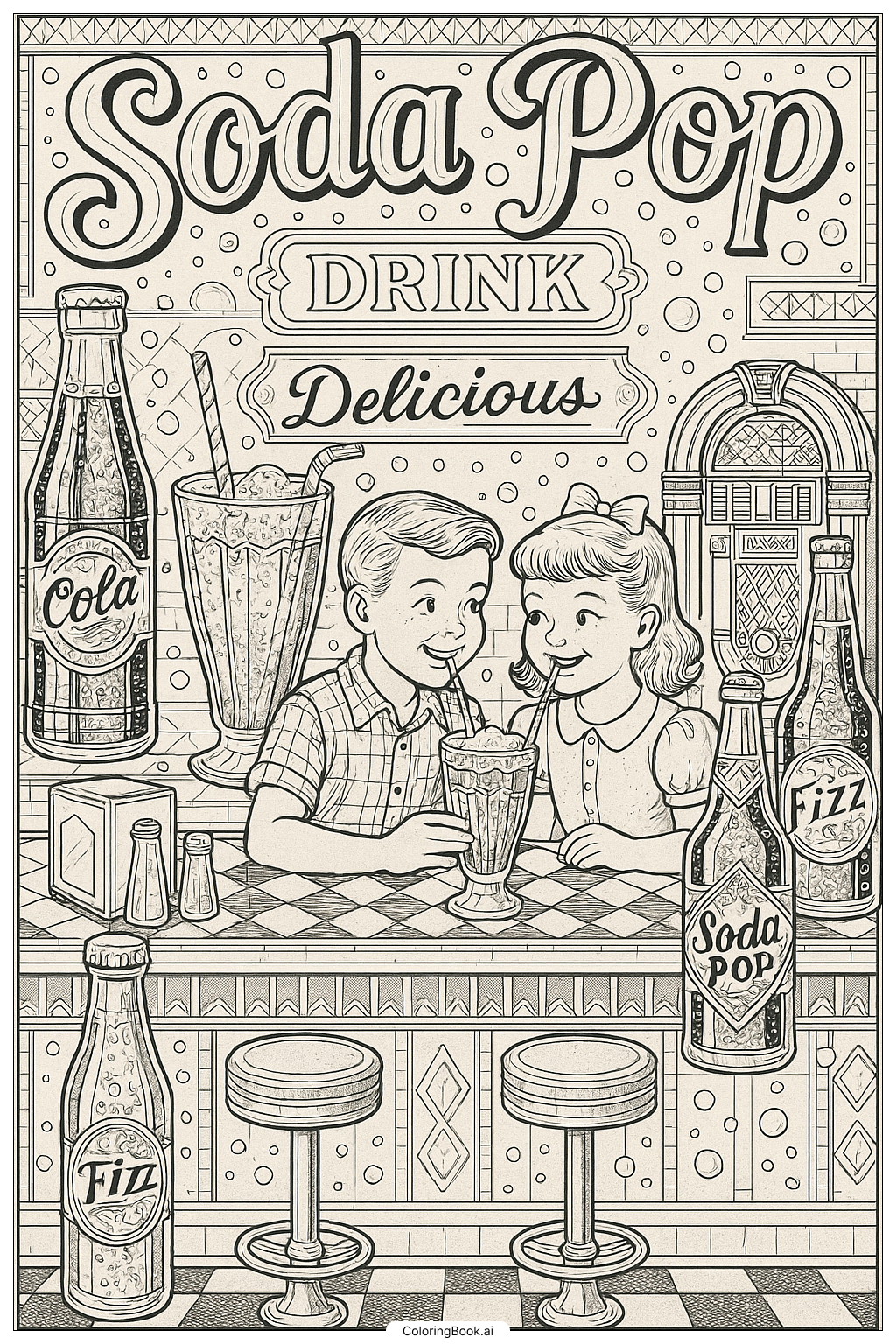 Cute Kawaii Soda Pop Coloring Page Free PDF PNG Printable 