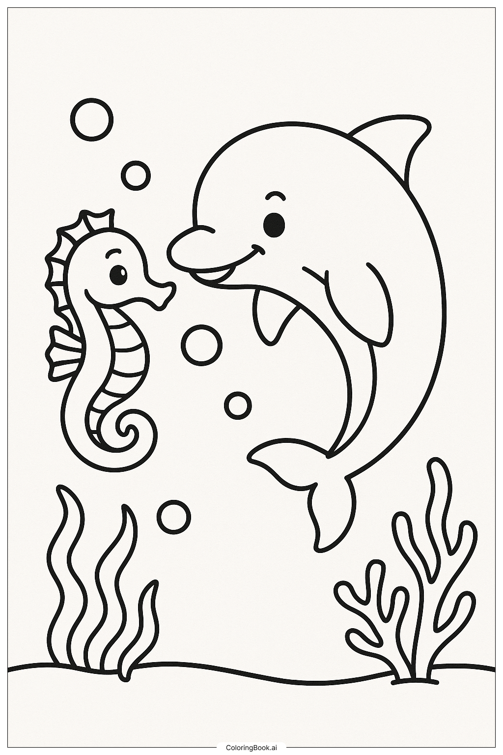 Página para colorear de Caballito de mar y delfín jugando juntos