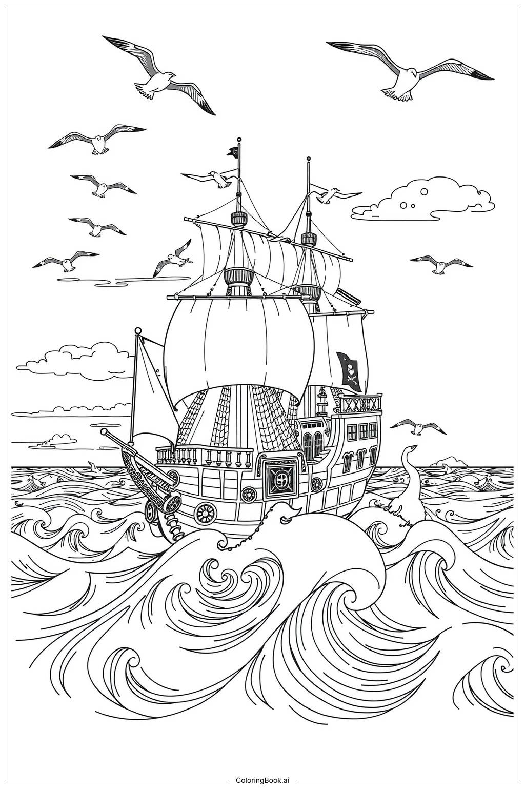  Pirate Ship on a Wavy Ocean Coloring Page 