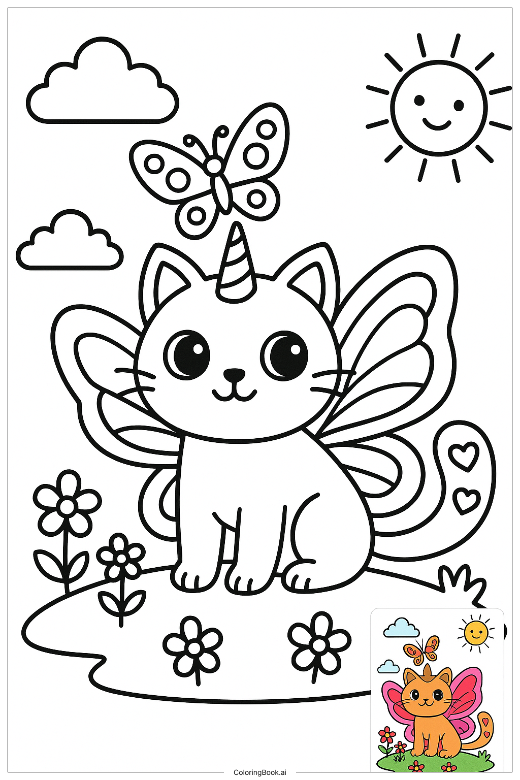  栖息在独角猫上的蝴蝶填色页 