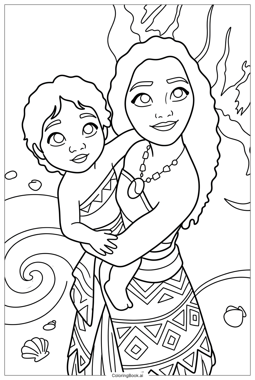  Moana 2 trägt Kind bei Ozeanwellen Ausmalseite 