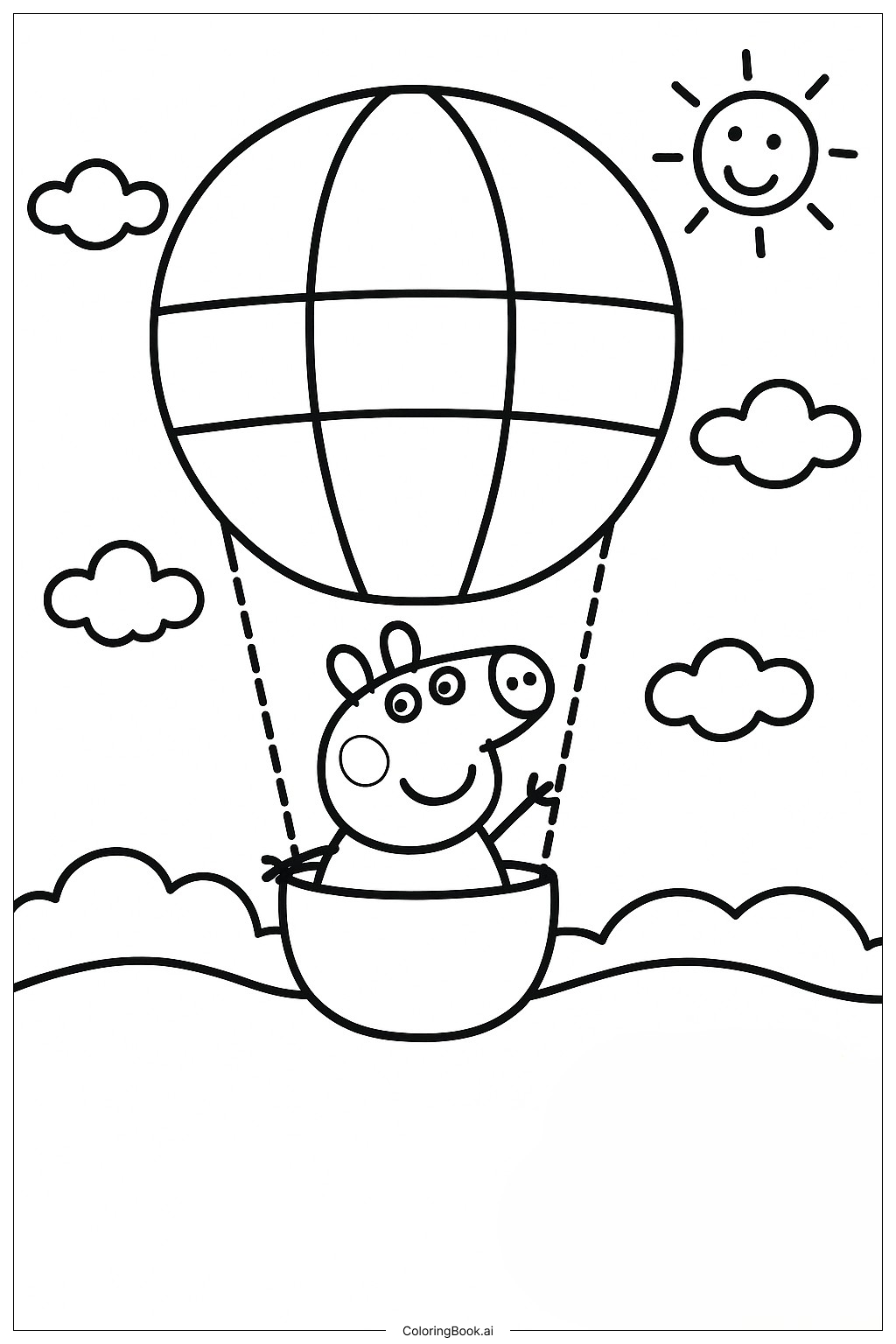  Página para colorear de Peppa Pig en un globo aerostático 