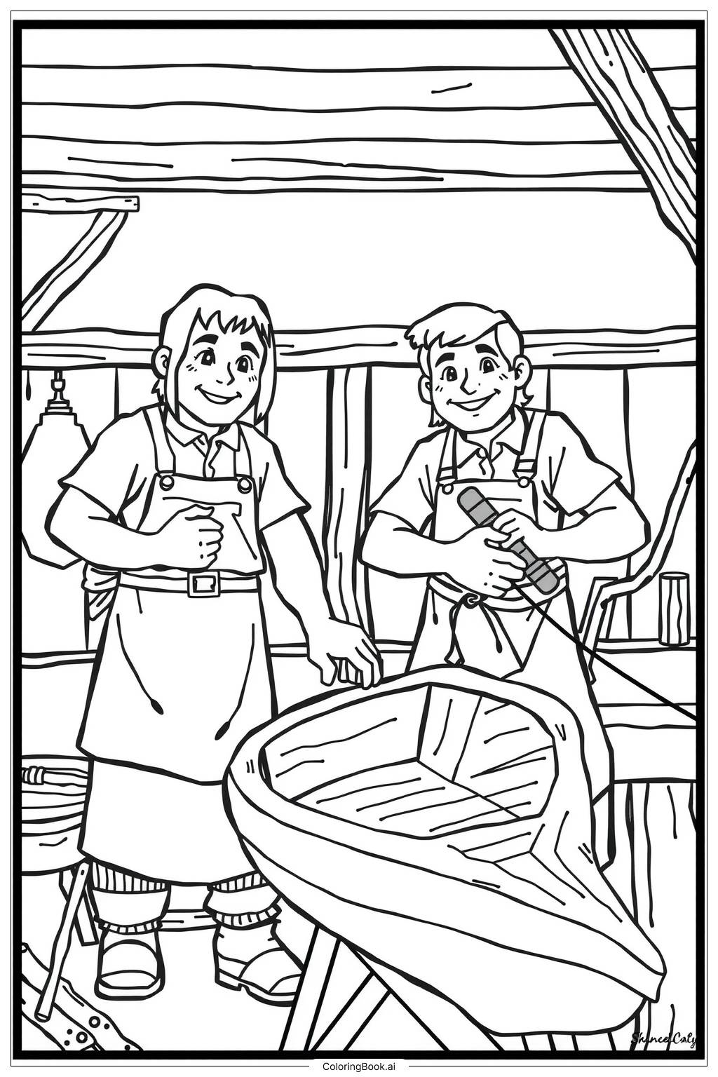  Page de coloriage Constructeurs de bateaux travaillant sur une coque en bois 